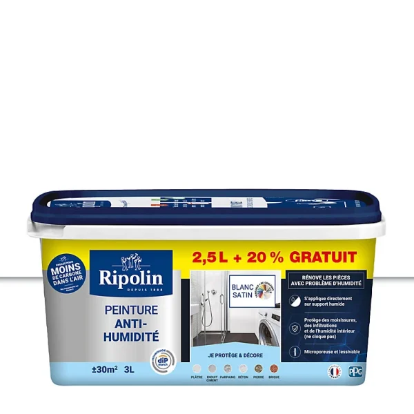 grand choix Castorama Peinture Anti-humidité Blanc Satin Ripolin 2,5L + 20% Gratuit 1