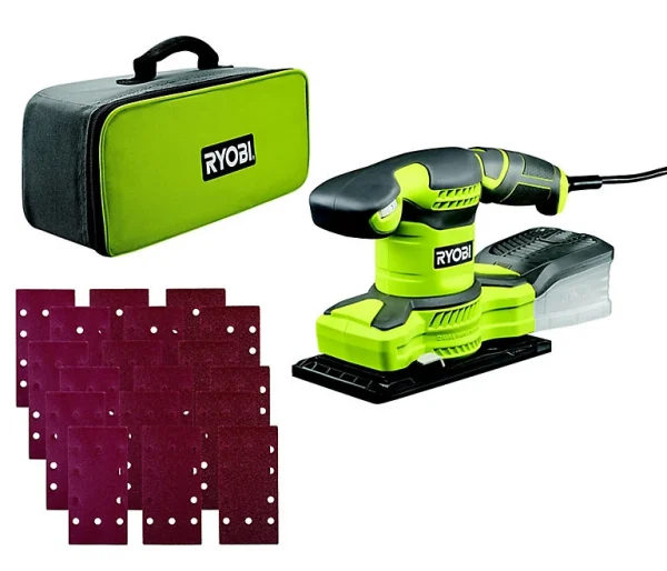 à prix promos Castorama Ponceuse à Bande Ryobi RSS280-SA30 1/3 De Feuille 800W + 30 Feuilles Abrasives 1